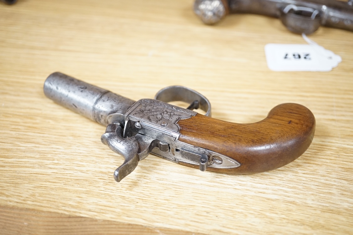 A boxlock percussion pocket pistol with turn off barrel, liege proof, frame engraved; Stevens, Holborn, London